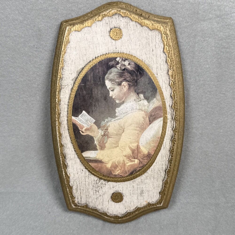 Vintage Italian Art Florentine Wood Wall Hanging Plaque “The Reader”Fragonard
